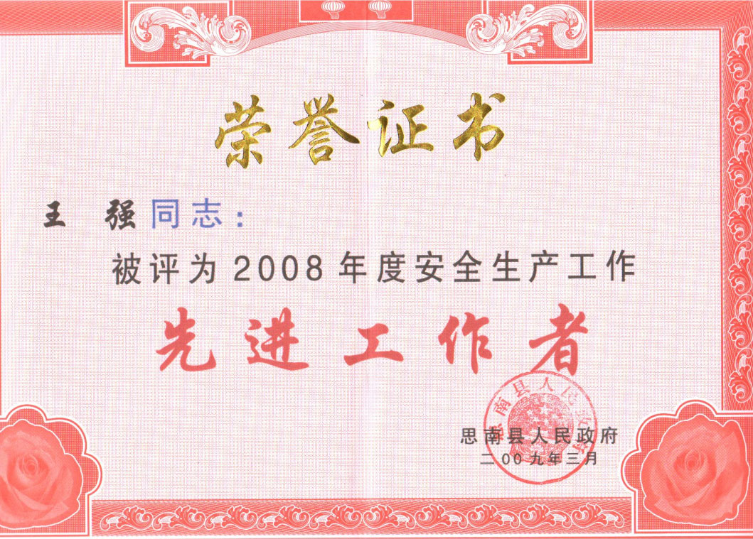 王強，2008年安全生產先進工作者